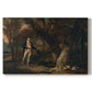 Canvas art print portraying a man with multiple dogs preparing for hunting in countryside, set against a white background