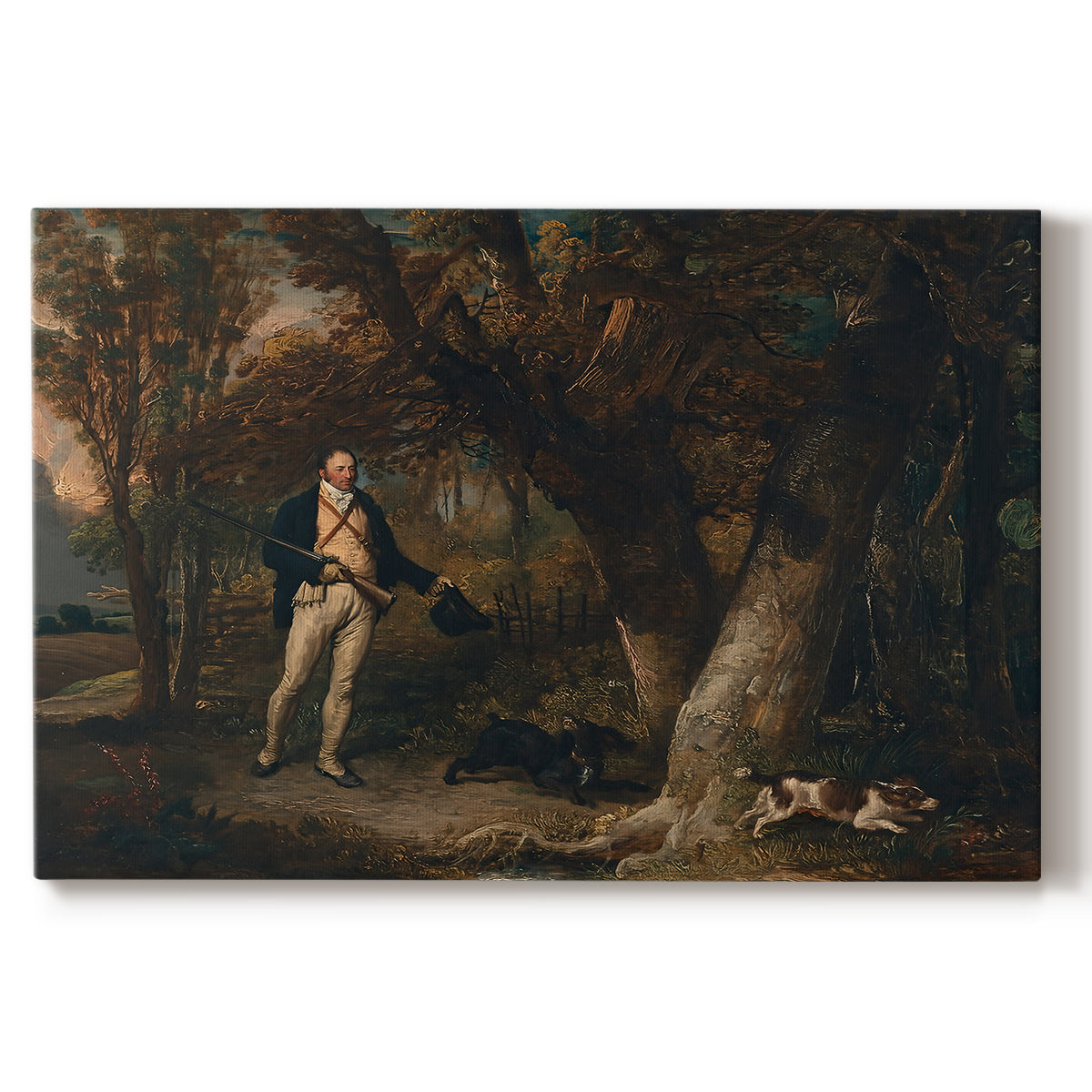 Canvas art print portraying a man with multiple dogs preparing for hunting in countryside, set against a white background