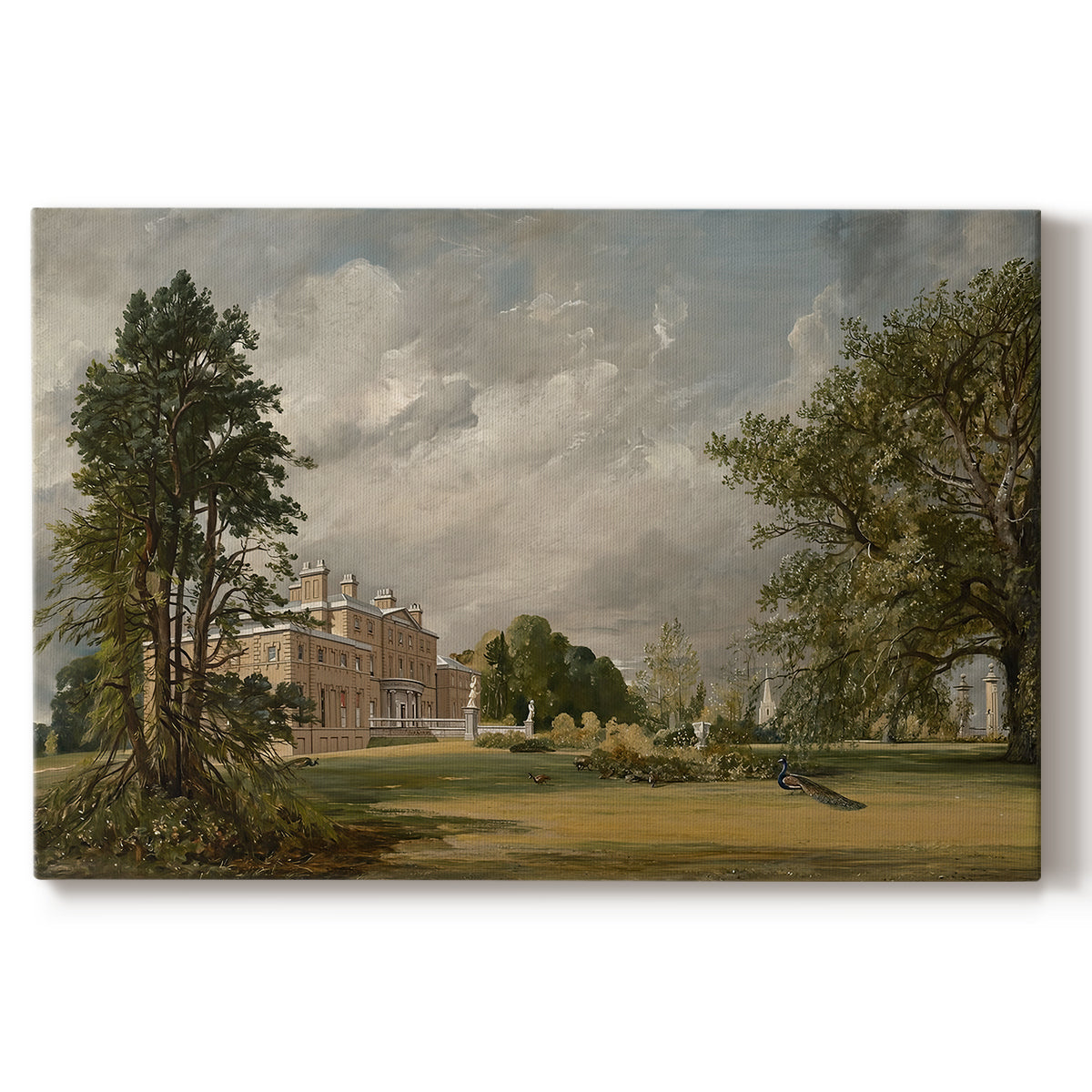 Canvas art print portraying a country house surrounded by trees in landscaped grounds, set against a white background