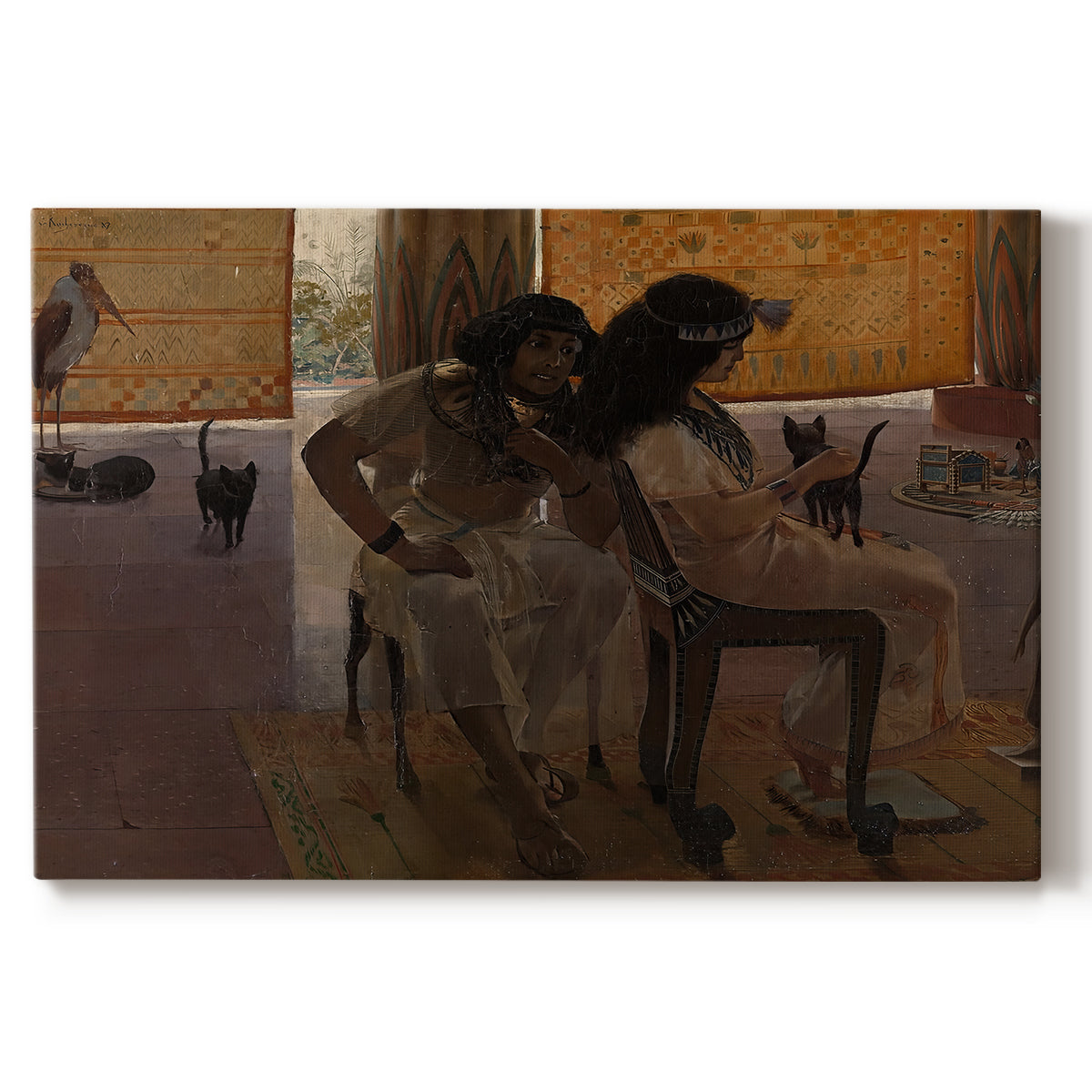 Canvas art print portraying ancient Egyptian figures gathered in ceremonial or architectural setting, set against a white background