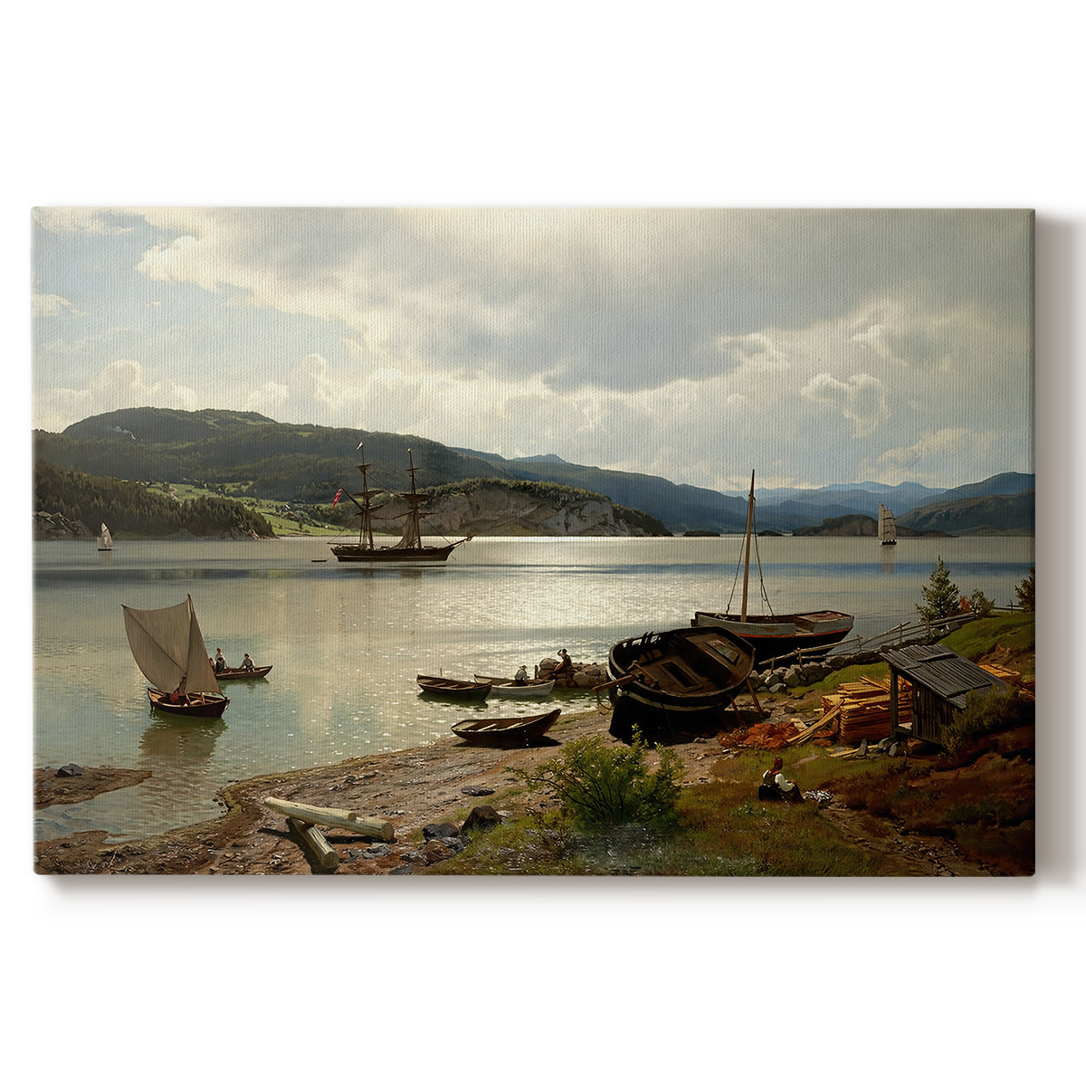 Canvas art print portraying figures and boats gathered along shoreline in calm coastal setting, set against a white background