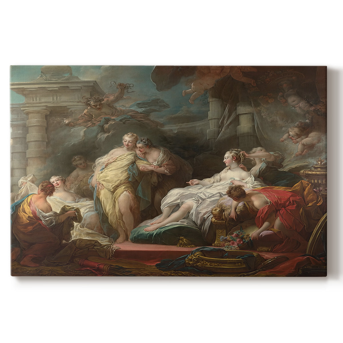 Canvas art print portraying a group of women gathered indoors in ornate setting presenting gifts, set against a white background