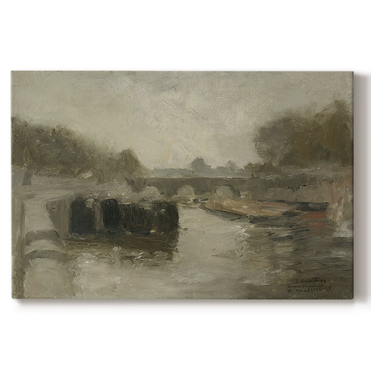 Canvas art print portraying a hazy bridge over water in a muted atmospheric landscape, set against a white background