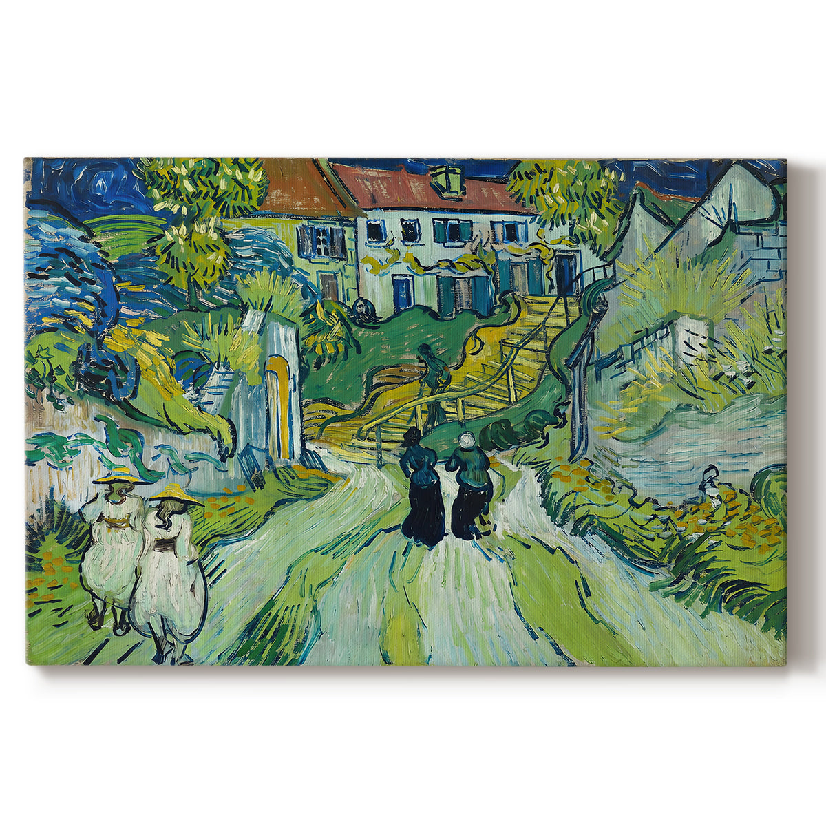 Canvas art print portraying a steep stairway between buildings leading upward through village setting, set against a white background