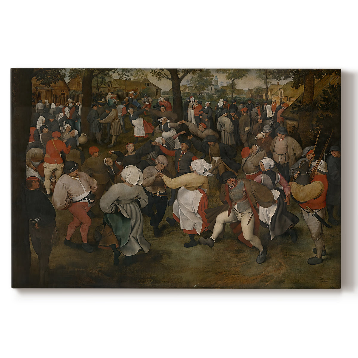 Canvas art print portraying a crowd dancing in outdoor wedding celebration, set against a white background