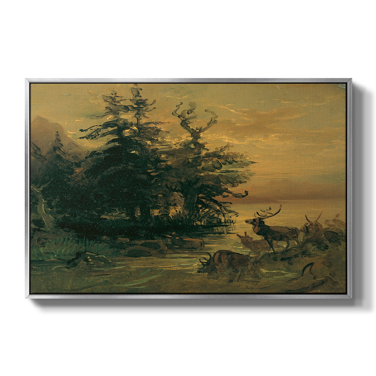 Wallowing Deer on the Shore of a Mountain Lake, c. 1850 - Floater Framed Canvas Print