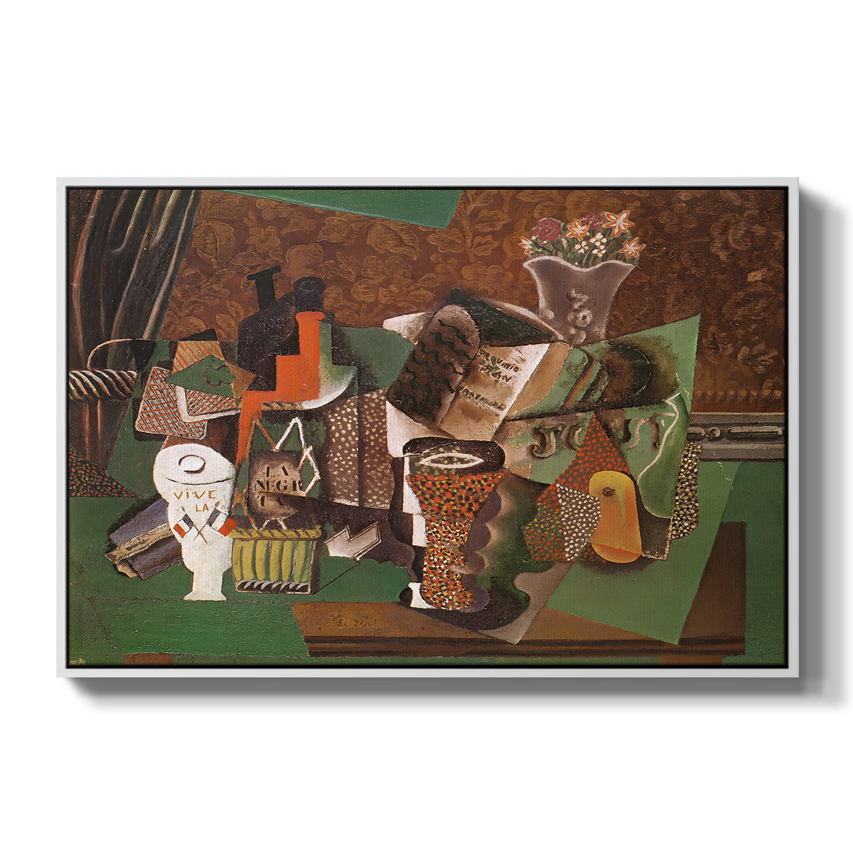Playing Cards, Glasses, Bottle of Rum: "Vive la France", 1914-1915 - Floater Framed Canvas Print