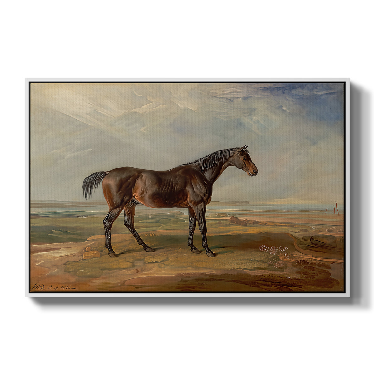 Dr. Syntax, a Bay Racehorse, Standing in a Coastal Landscape, an Estuary Beyond, c. 1820 - Floater Framed Canvas Print