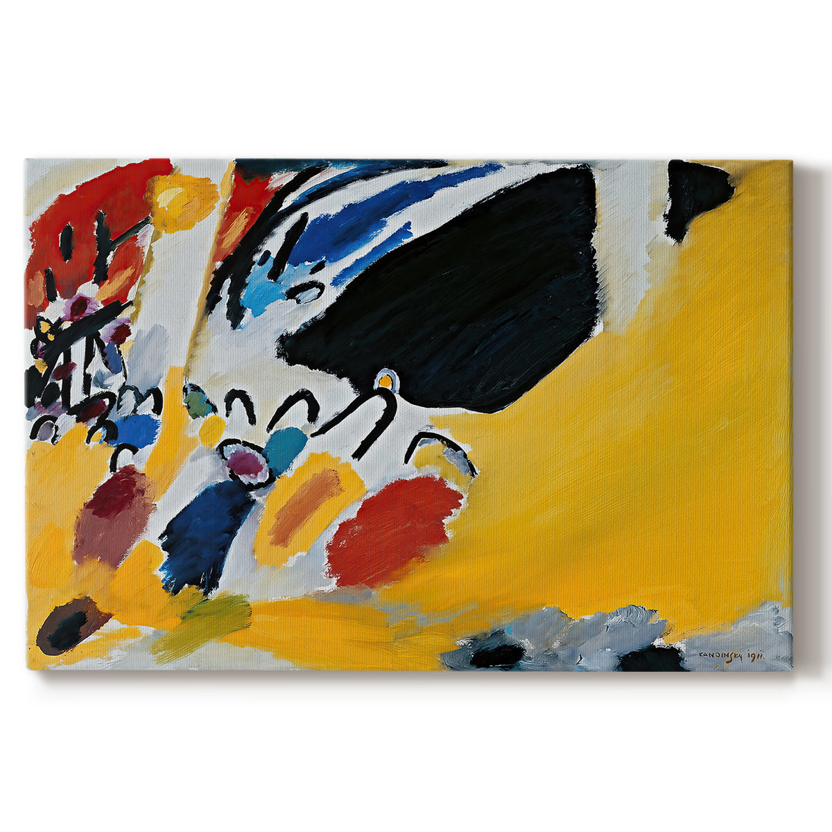 Canvas art print portraying an abstract composition dominated by dark forms and bright yellow field suggesting musical performance, set against a white background