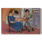 Canvas art print portraying two figures seated at a table playing dominoes in a colorful interior, set against a white background