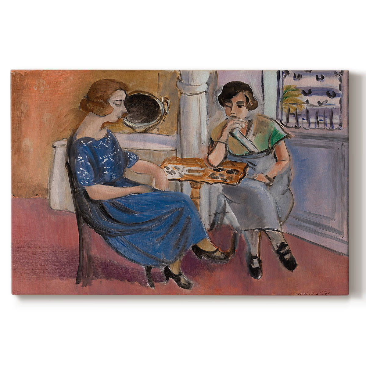 Canvas art print portraying two figures seated at a table playing dominoes in a colorful interior, set against a white background