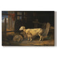 Canvas art print portraying a group of sheep gathered inside dimly lit stable interior, set against a white background
