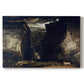Canvas art print portraying a dramatic rocky gorge with towering cliffs and waterfall, set against a white background