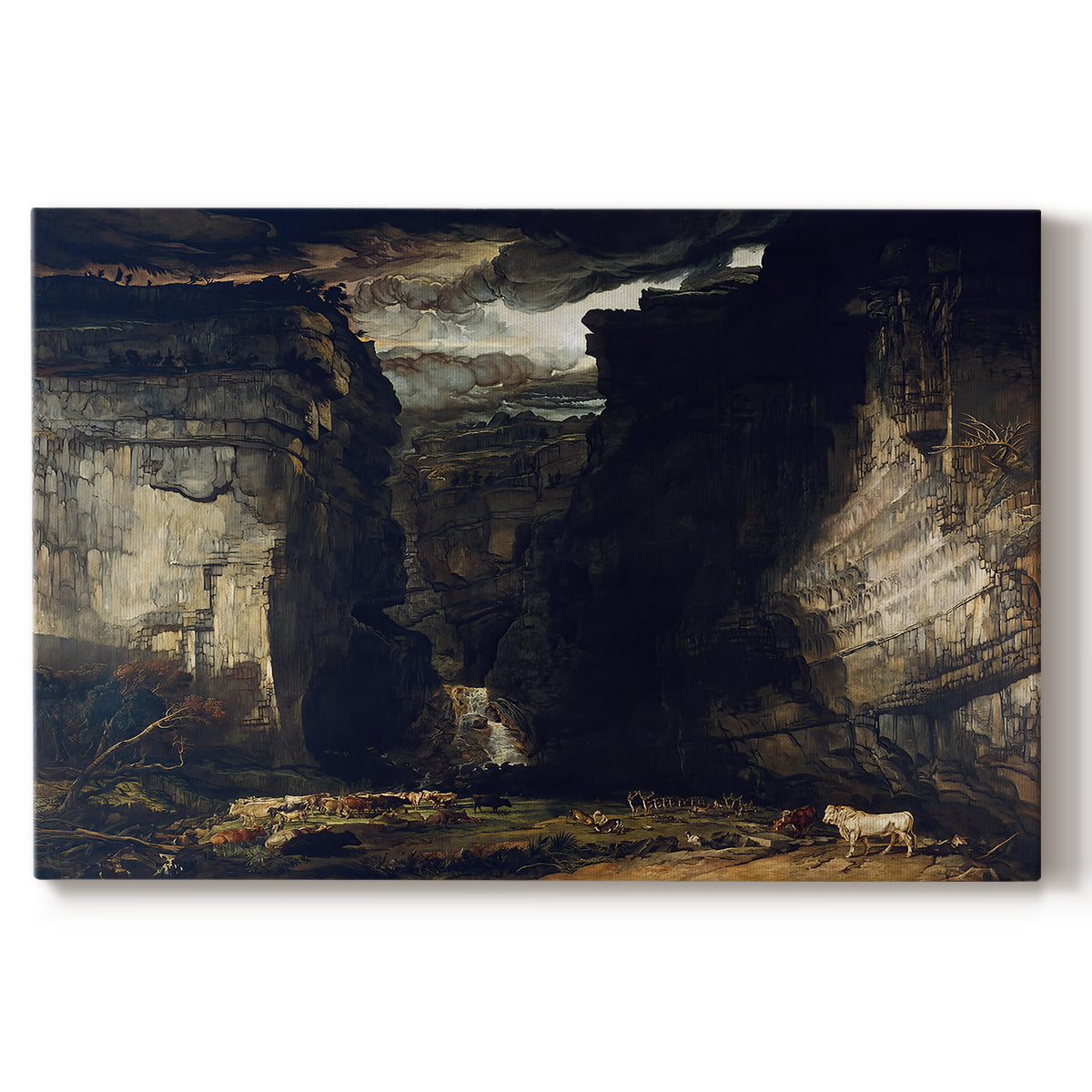 Canvas art print portraying a dramatic rocky gorge with towering cliffs and waterfall, set against a white background