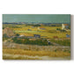 Canvas art print portraying an expansive farmland with workers harvesting crops under bright sky, set against a white background