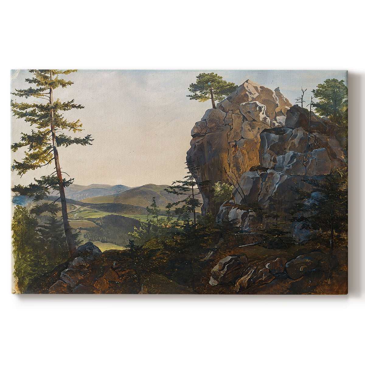 Canvas art print portraying rock formations within forested landscape, set against a white background