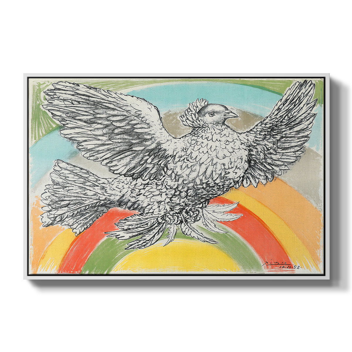 Flying Dove with Rainbow (Colombe volant à l'Arc-en-ciel), 1952 - Floater Framed Canvas Print
