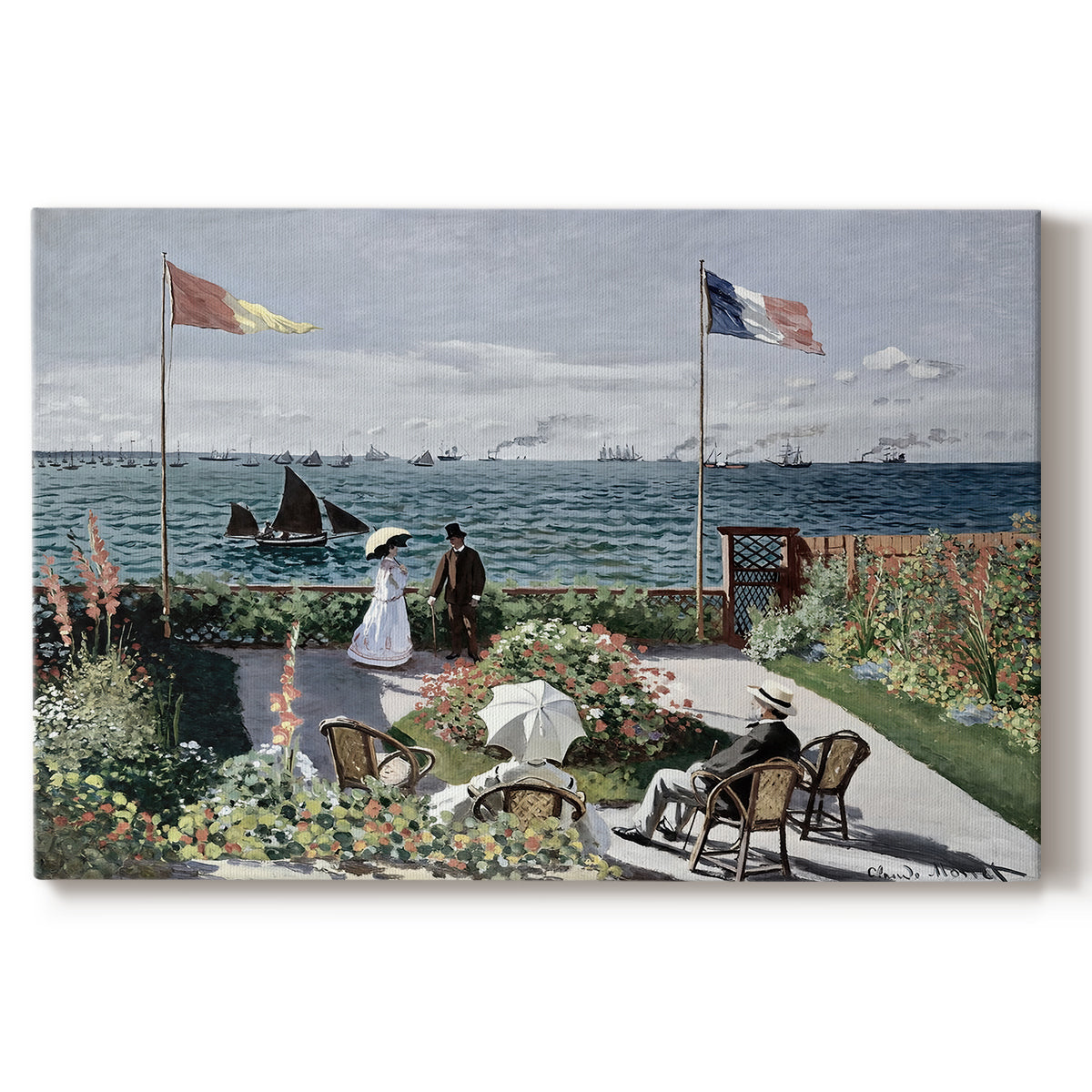 Canvas art print portraying a seaside garden with flowers, flags, and figures overlooking the water, set against a white background