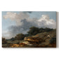 Canvas art print portraying a pastoral landscape with figures and animals gathered near water, set against a white background