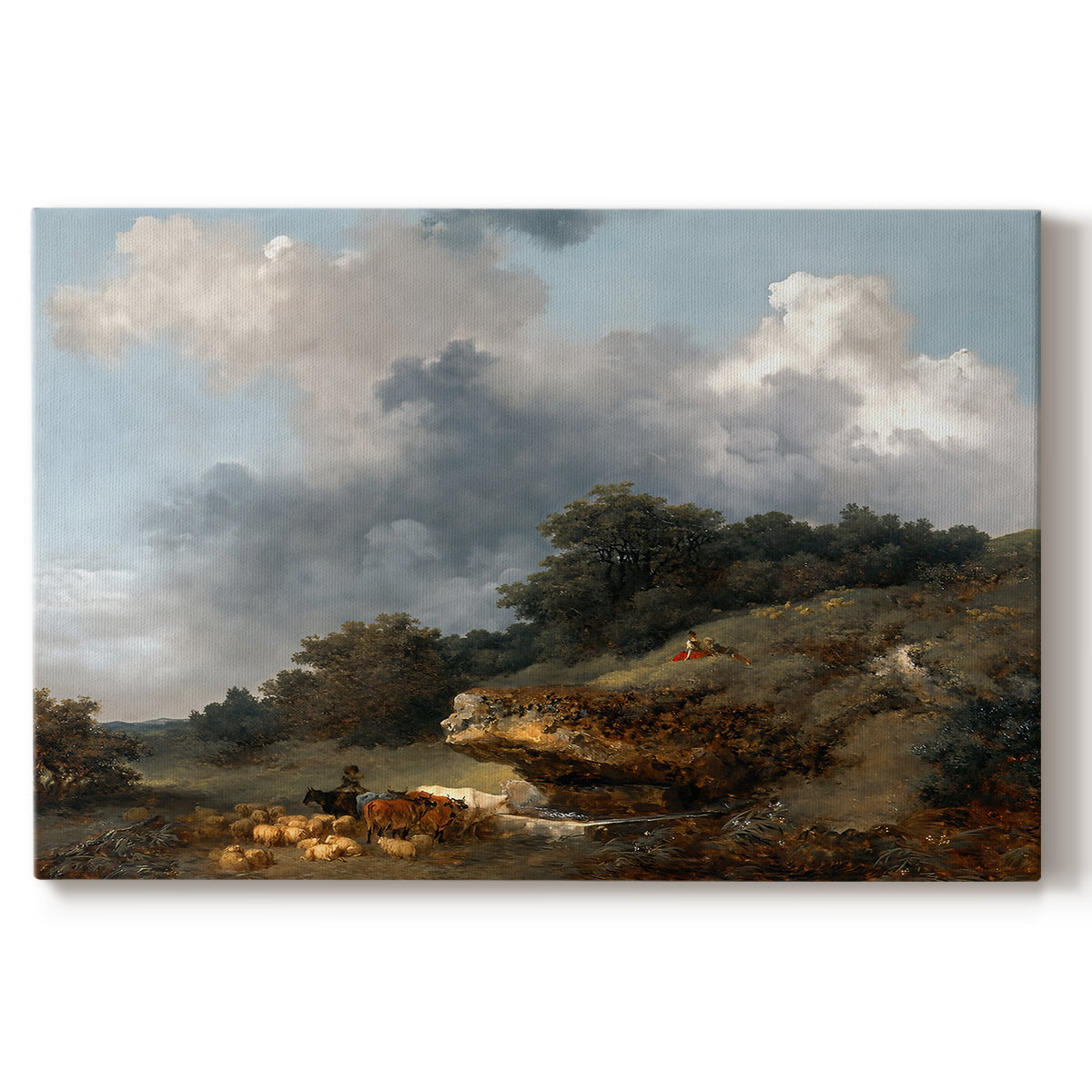 Canvas art print portraying a pastoral landscape with figures and animals gathered near water, set against a white background
