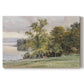 Canvas art print portraying a lakeside landscape with calm water and trees along shoreline, set against a white background