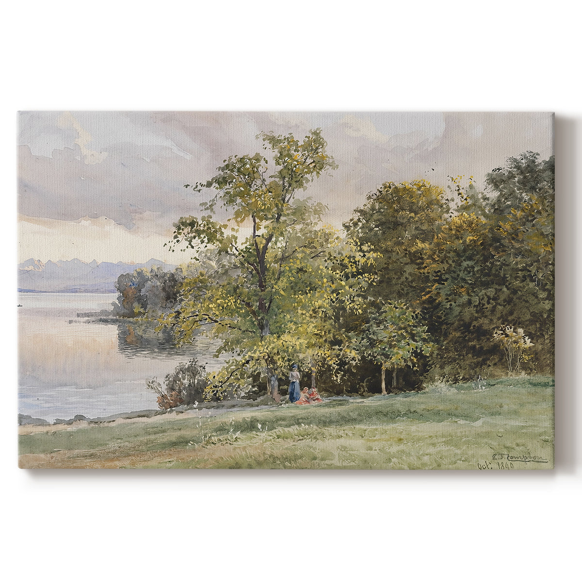 Canvas art print portraying a lakeside landscape with calm water and trees along shoreline, set against a white background