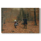 Canvas art print portraying a man and children walking together through forest carrying tools, set against a white background
