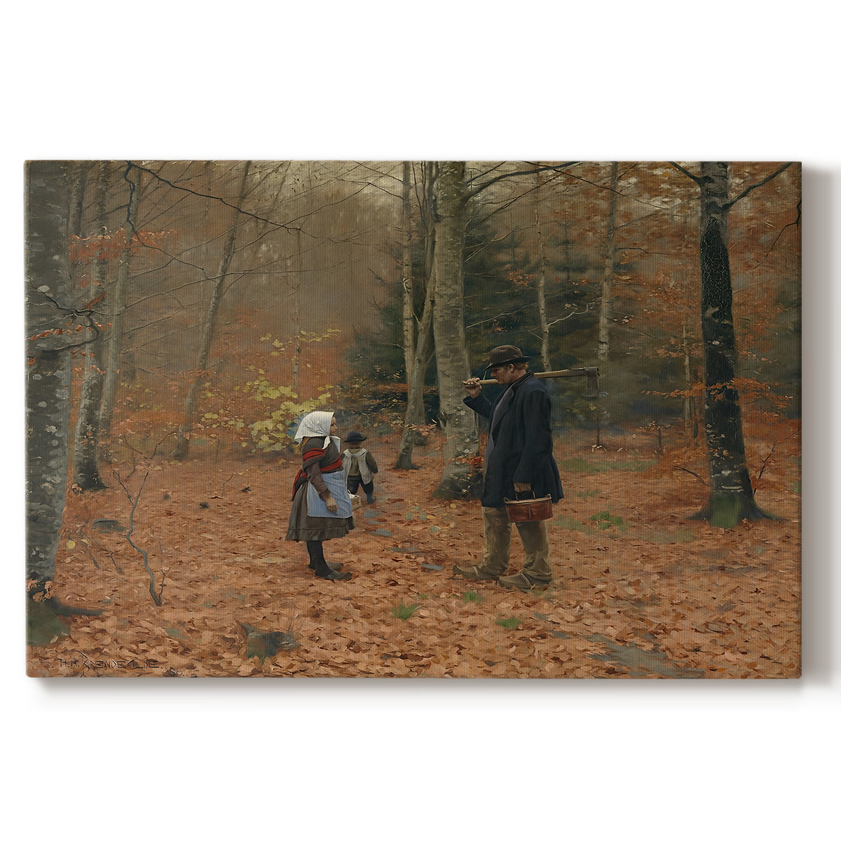 Canvas art print portraying a man and children walking together through forest carrying tools, set against a white background
