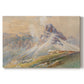 Canvas art print portraying dramatic Dolomite mountain peaks rising above rugged terrain, set against a white background