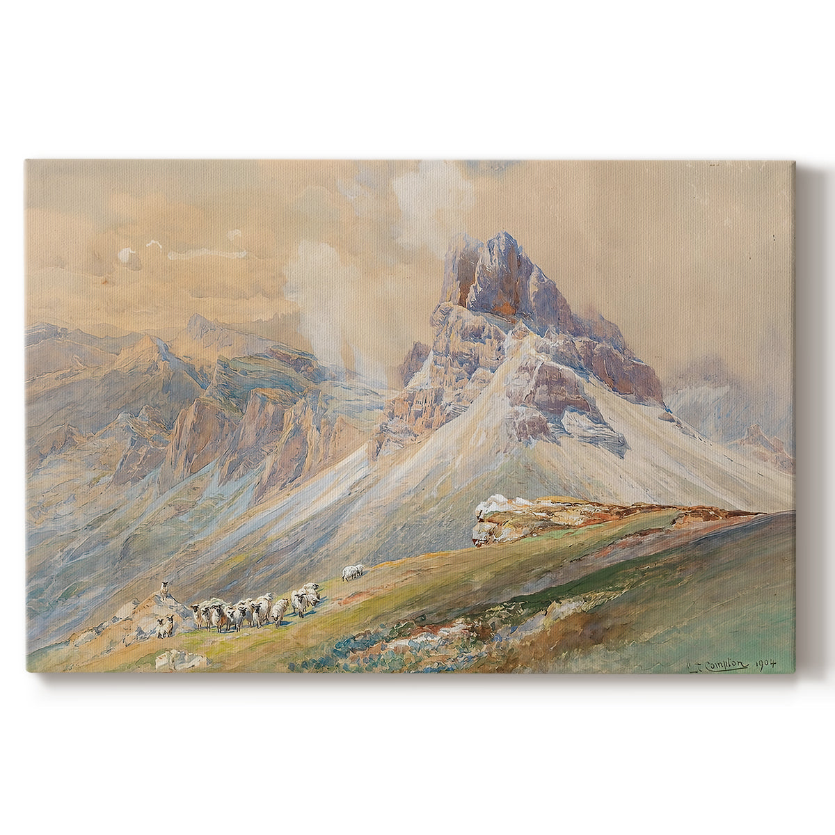 Canvas art print portraying dramatic Dolomite mountain peaks rising above rugged terrain, set against a white background