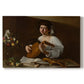 Canvas art print portraying a young musician playing lute beside table with fruit and sheet music, set against a white background