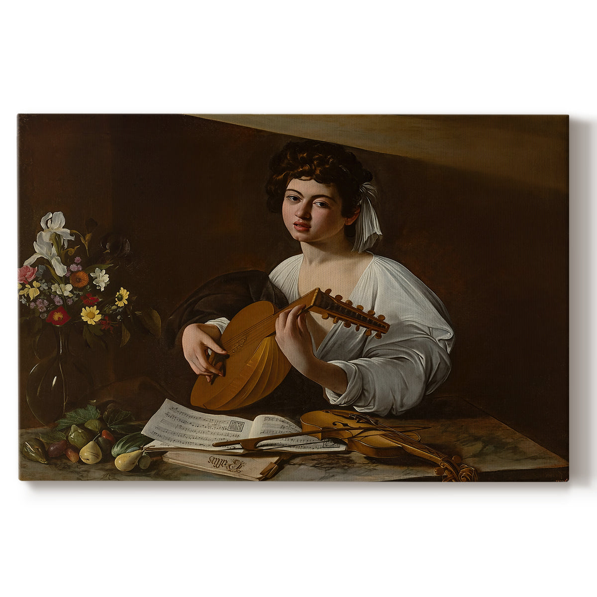 Canvas art print portraying a young musician playing lute beside table with fruit and sheet music, set against a white background