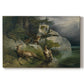 Canvas art print portraying eagles attacking stag near lake, set against a white background