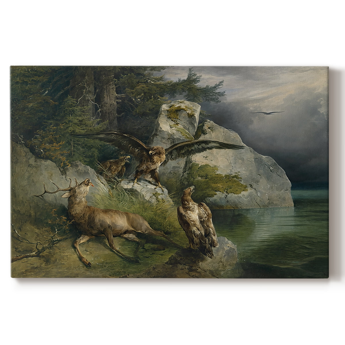 Canvas art print portraying eagles attacking stag near lake, set against a white background