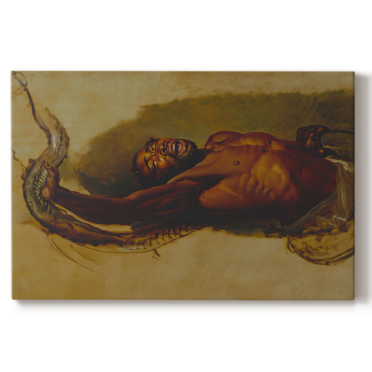 Canvas art print portraying a man grappling with large snake in dramatic physical struggle, set against a white background