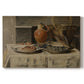 Canvas art print portraying a simple still life arrangement with jar and objects on table, set against a white background