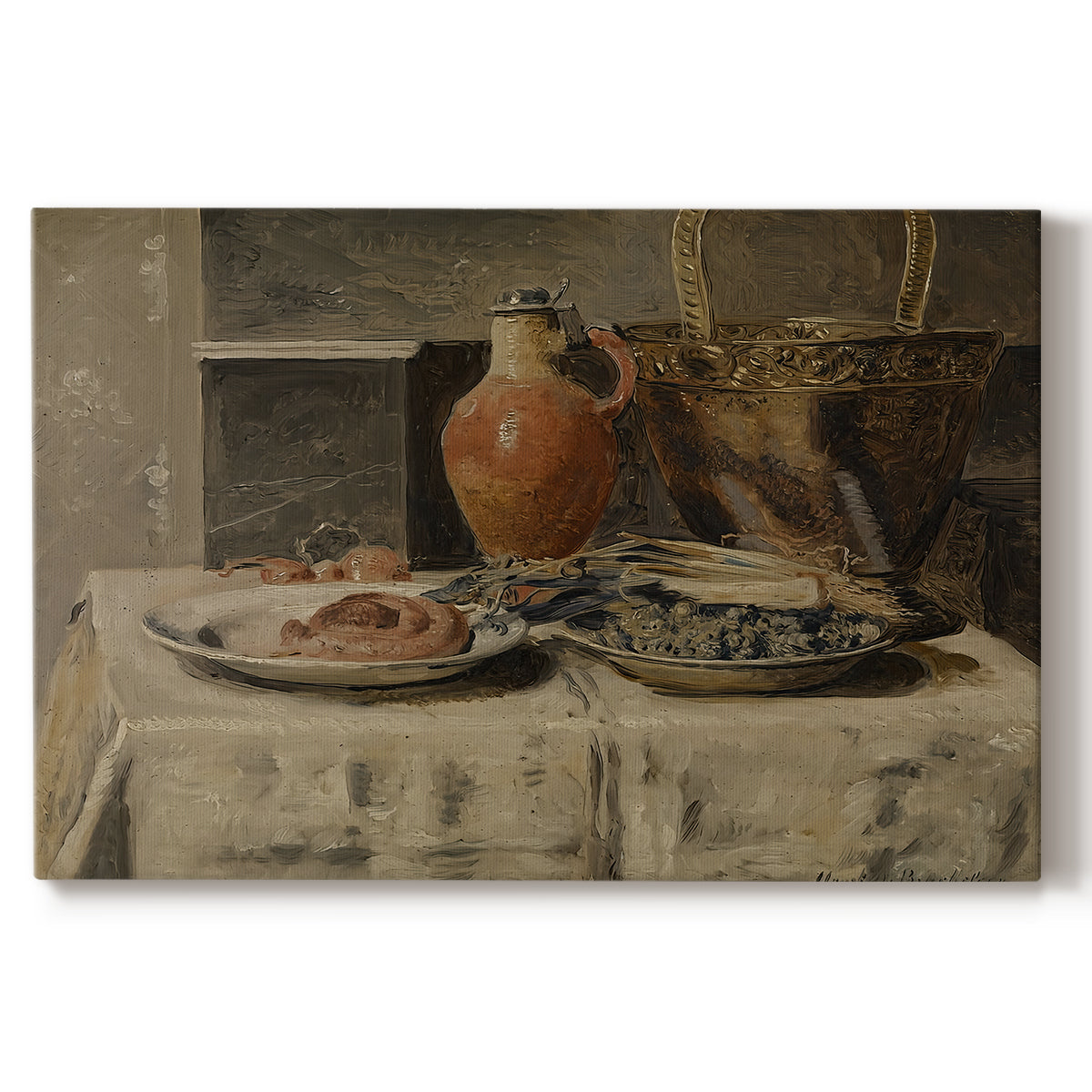 Canvas art print portraying a simple still life arrangement with jar and objects on table, set against a white background