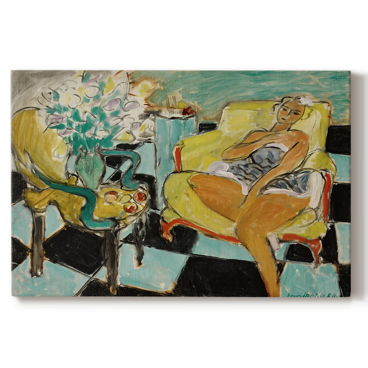 Canvas art print portraying a seated woman posed with a flower in a bright interior, set against a white background