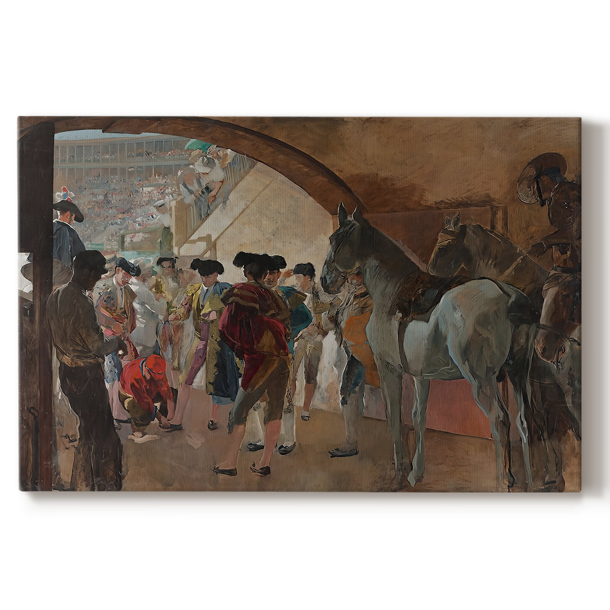 Canvas art print portraying a group of figures gathered indoors preparing for bullfight performance, set against a white background