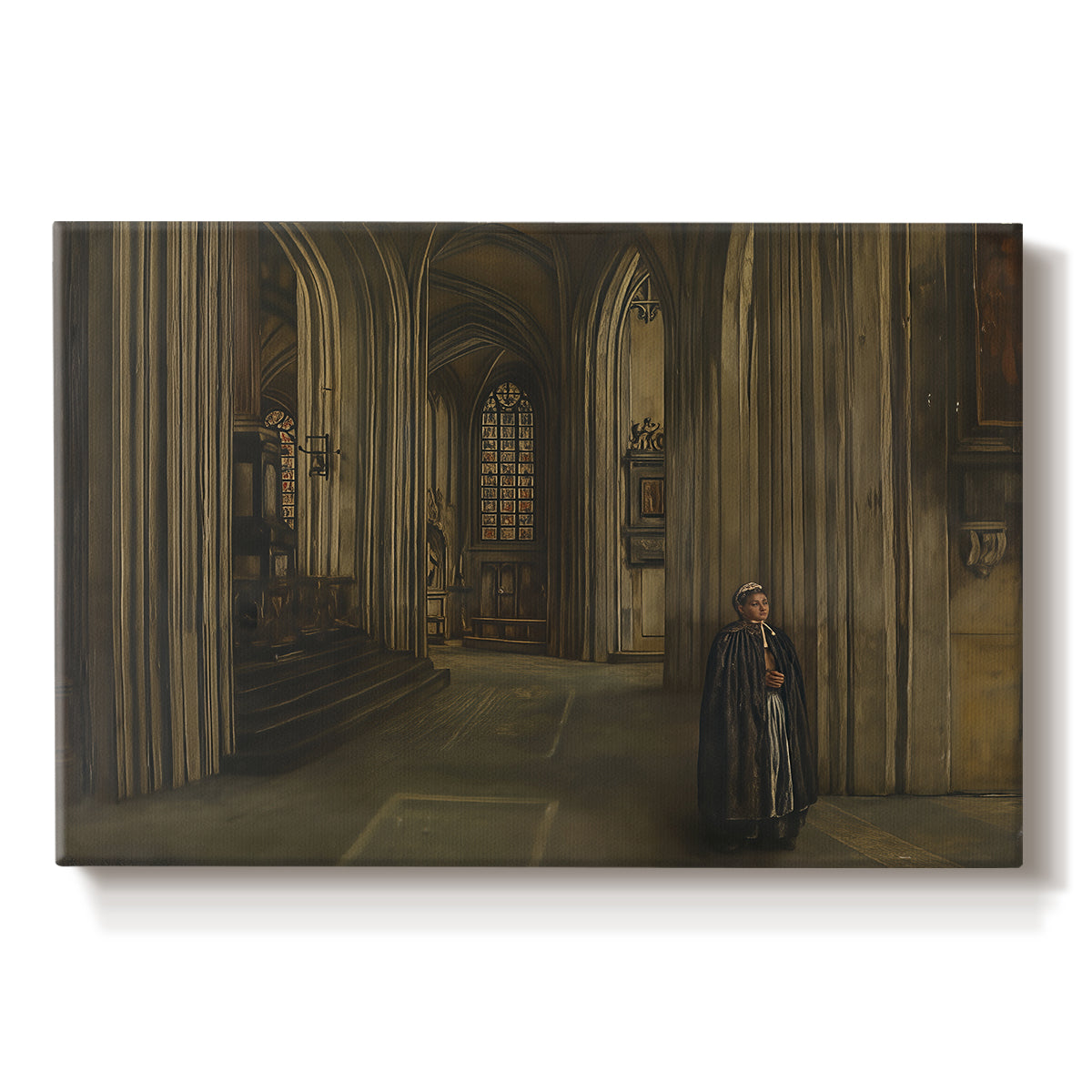 Canvas art print portraying a quiet church interior with columns, arches, and soft light, set against a white background