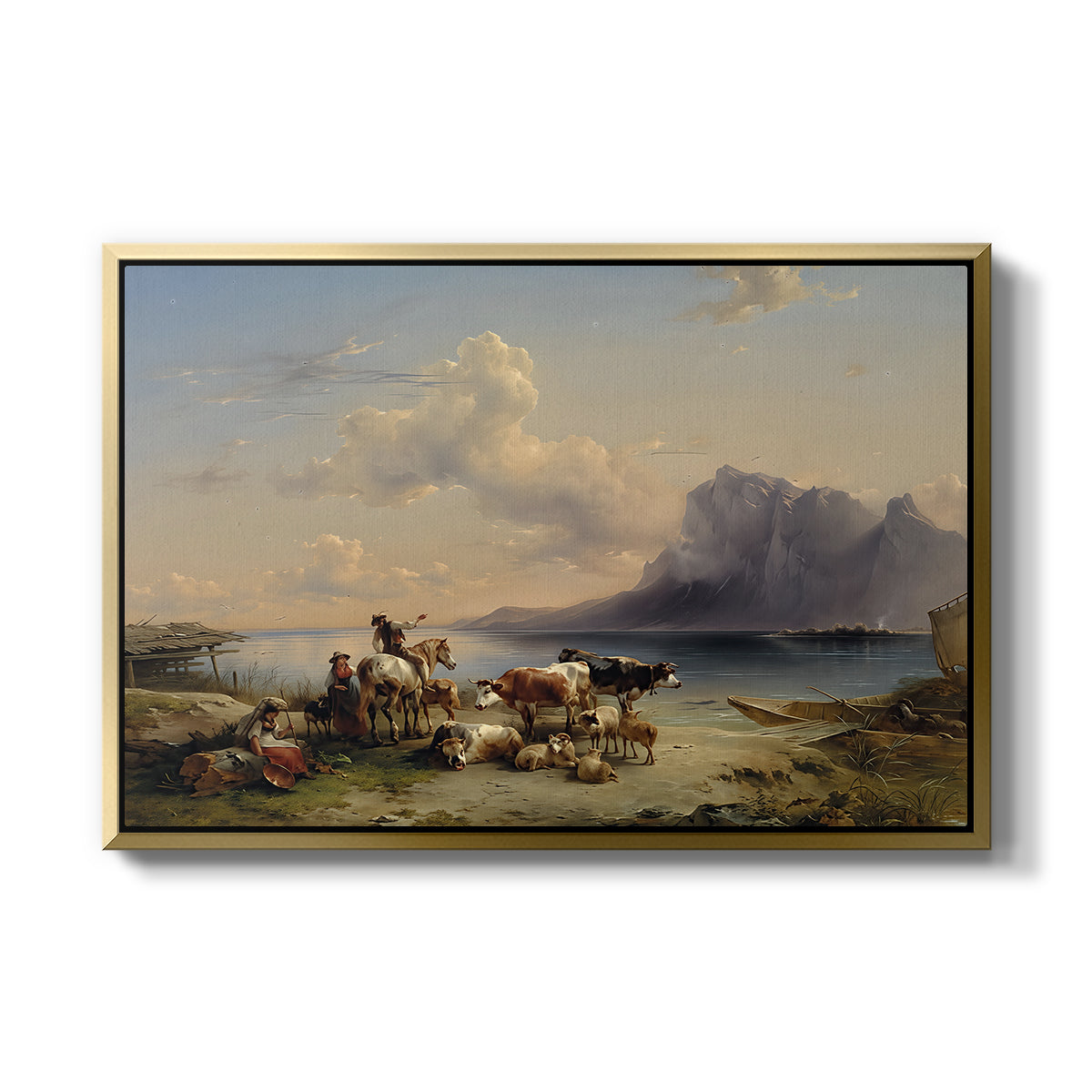 Shepherds and Cattle on Lake Attersee, 1852 - Floater Framed Canvas Print