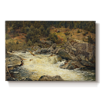 Canvas art print portraying a waterfall cascading down rocky slope surrounded by forest, set against a white background