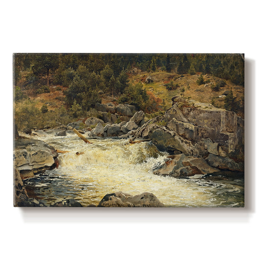 Canvas art print portraying a waterfall cascading down rocky slope surrounded by forest, set against a white background