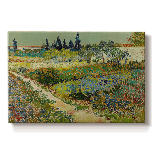 Canvas art print portraying a lush garden filled with plants and flowers arranged in bright sunlight, set against a white background