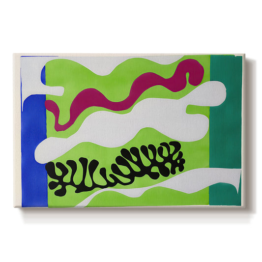 Canvas art print portraying an abstract composition suggesting water and aquatic forms, set against a white background
