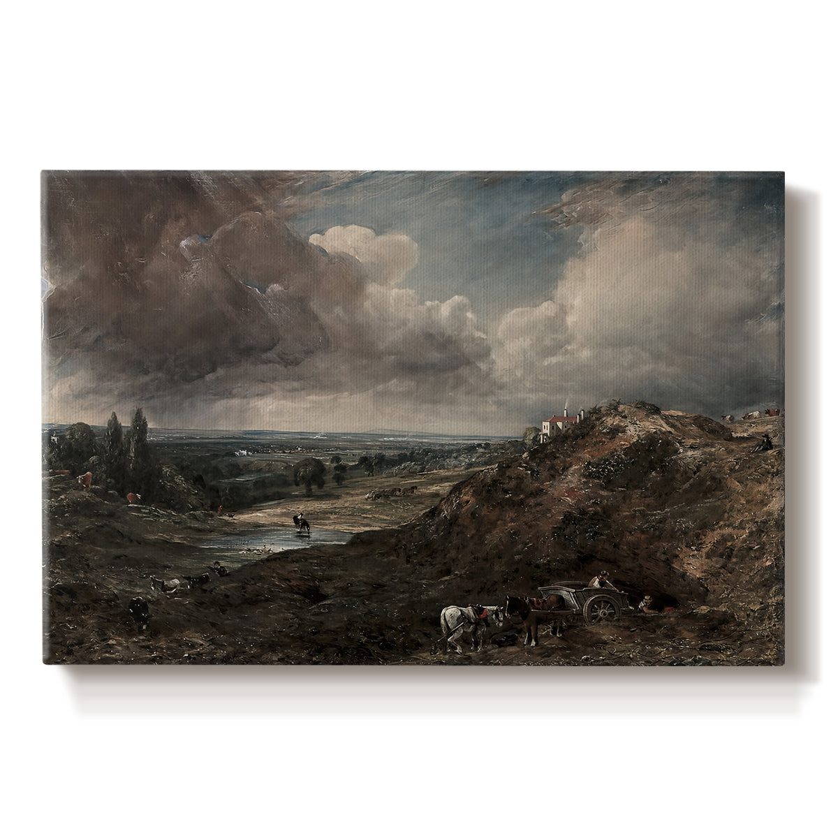 Canvas art print portraying a pond surrounded by trees under open sky, set against a white background