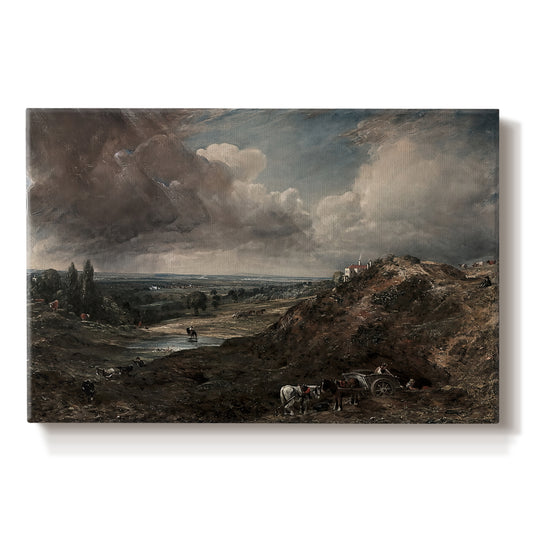 Canvas art print portraying a pond surrounded by trees under open sky, set against a white background
