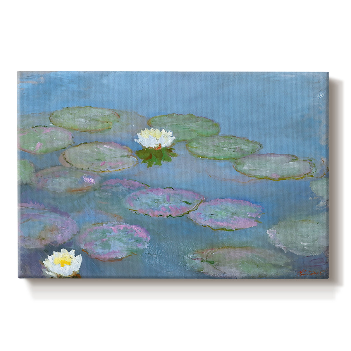 Canvas art print portraying floating water lilies on pond with reflections of sky and foliage, set against a white background