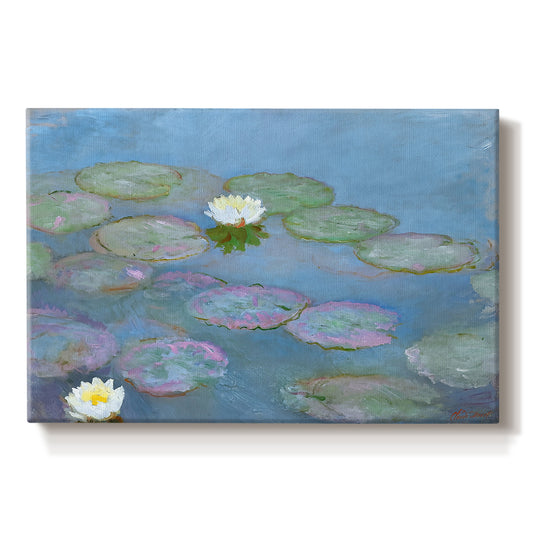 Canvas art print portraying floating water lilies on pond with reflections of sky and foliage, set against a white background