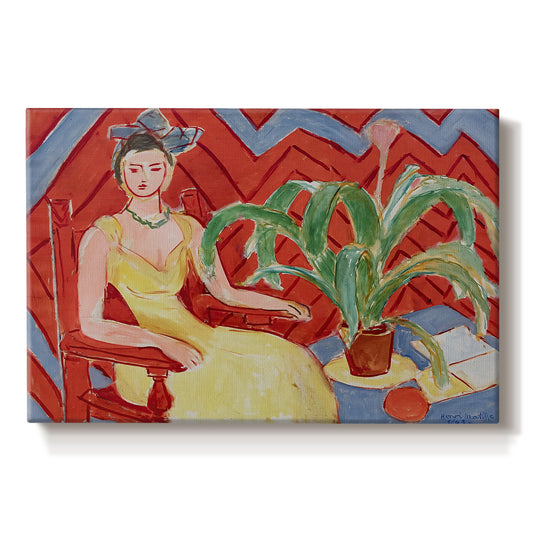 Canvas art print portraying a seated woman in a vivid interior with bold color contrasts, set against a white background